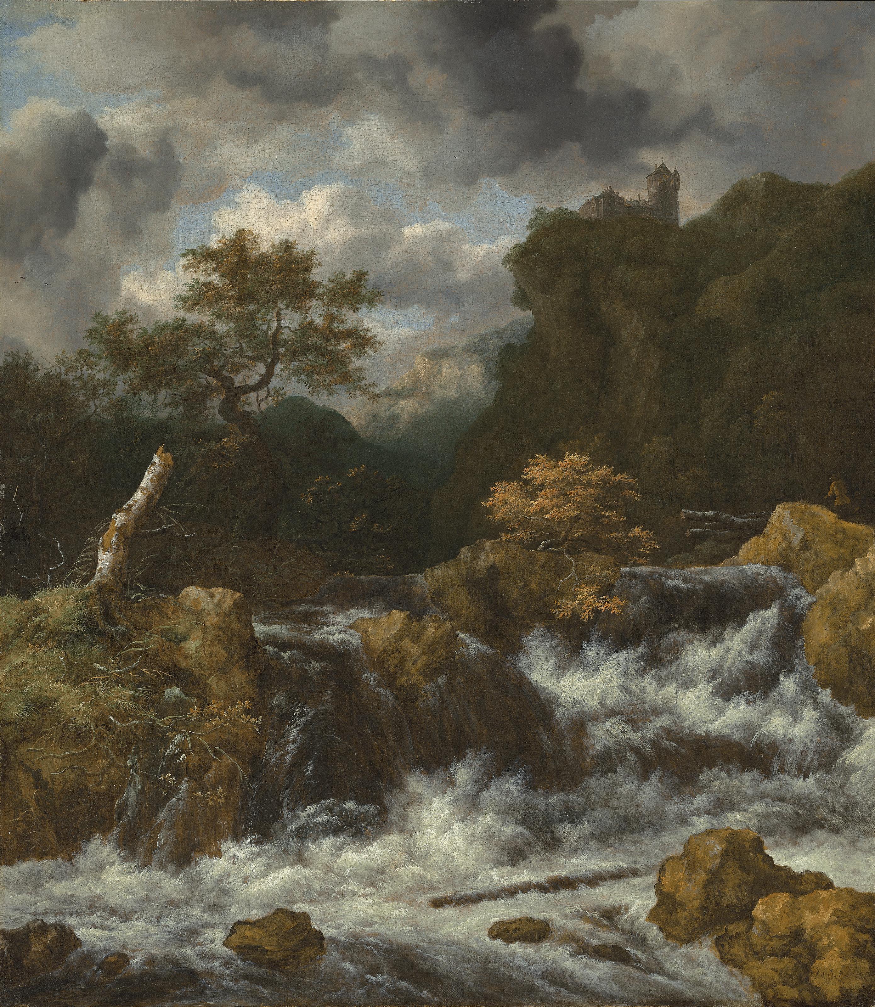 Jacob Van Ruisdael - A mountainous landscape with a waterfall and a castle