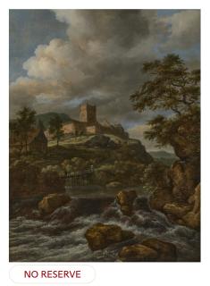 Jacob Van Ruisdael - A waterfall with travellers on a footbridge and a castle beyond