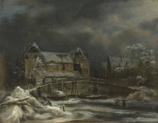 Jacob Van Ruisdael - A Winter Landscape With A View Of A Town And Wooden Bridge
