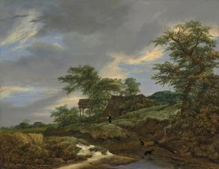 Jacob Van Ruisdael - A wooded landscape with a man and two dogs on a path, a cottage beyond