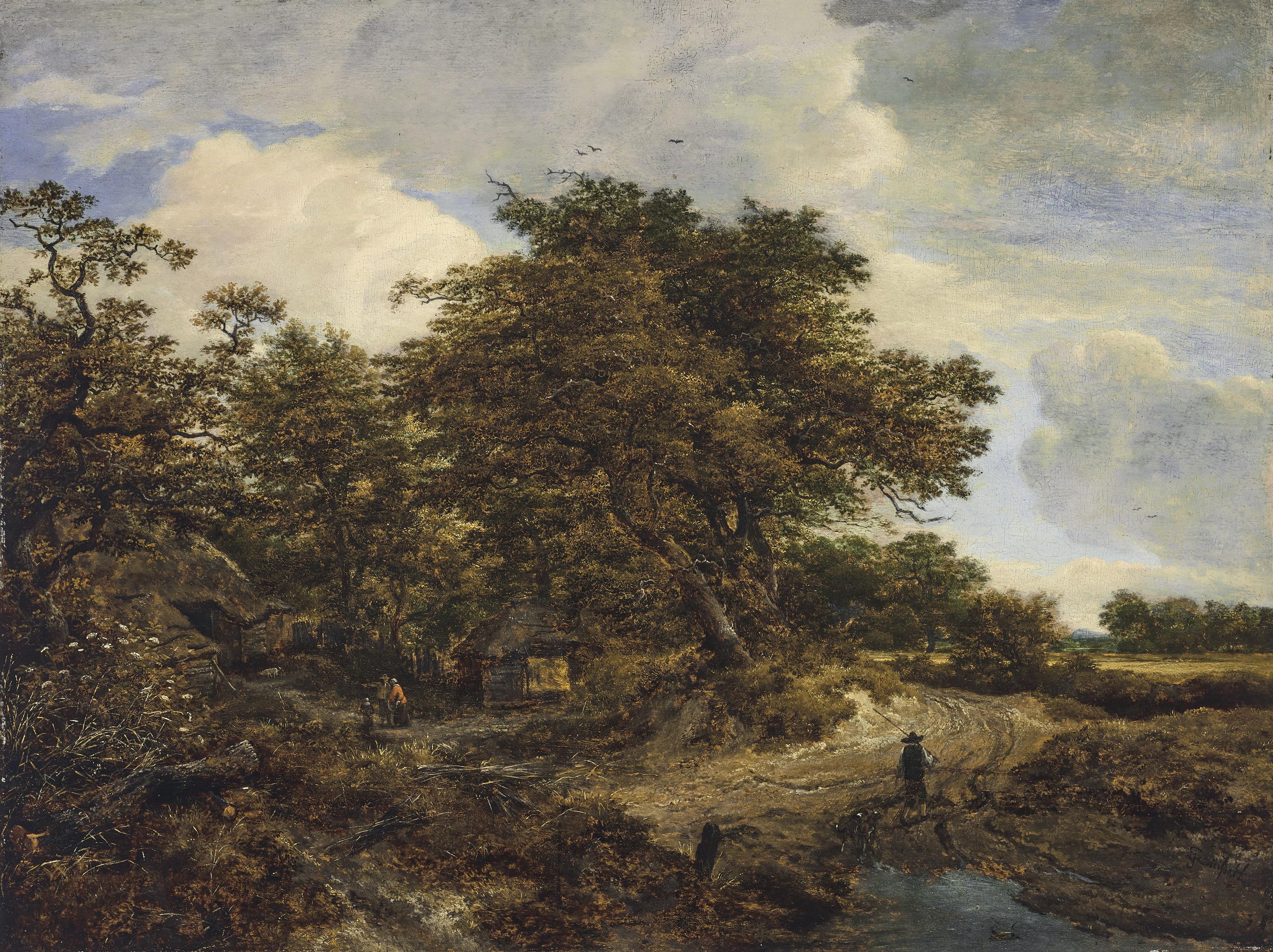 Jacob Van Ruisdael - A wooded landscape with cottages and a figure and dogs on a dirt path