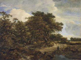Jacob Van Ruisdael - A wooded landscape with cottages and a figure and dogs on a dirt path