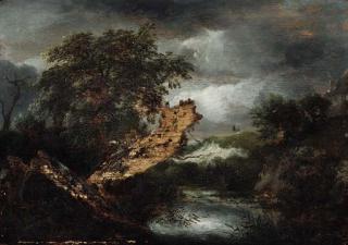 Jacob Van Ruisdael - A wooded river landscape with a blasted tree