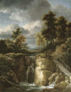 Jacob van Ruisdael - A Wooded River Landscape With A Waterfall And Figures