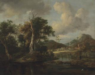 Jacob Van Ruisdael - A Wooded River Landscape With Figures Crossing A Bridge