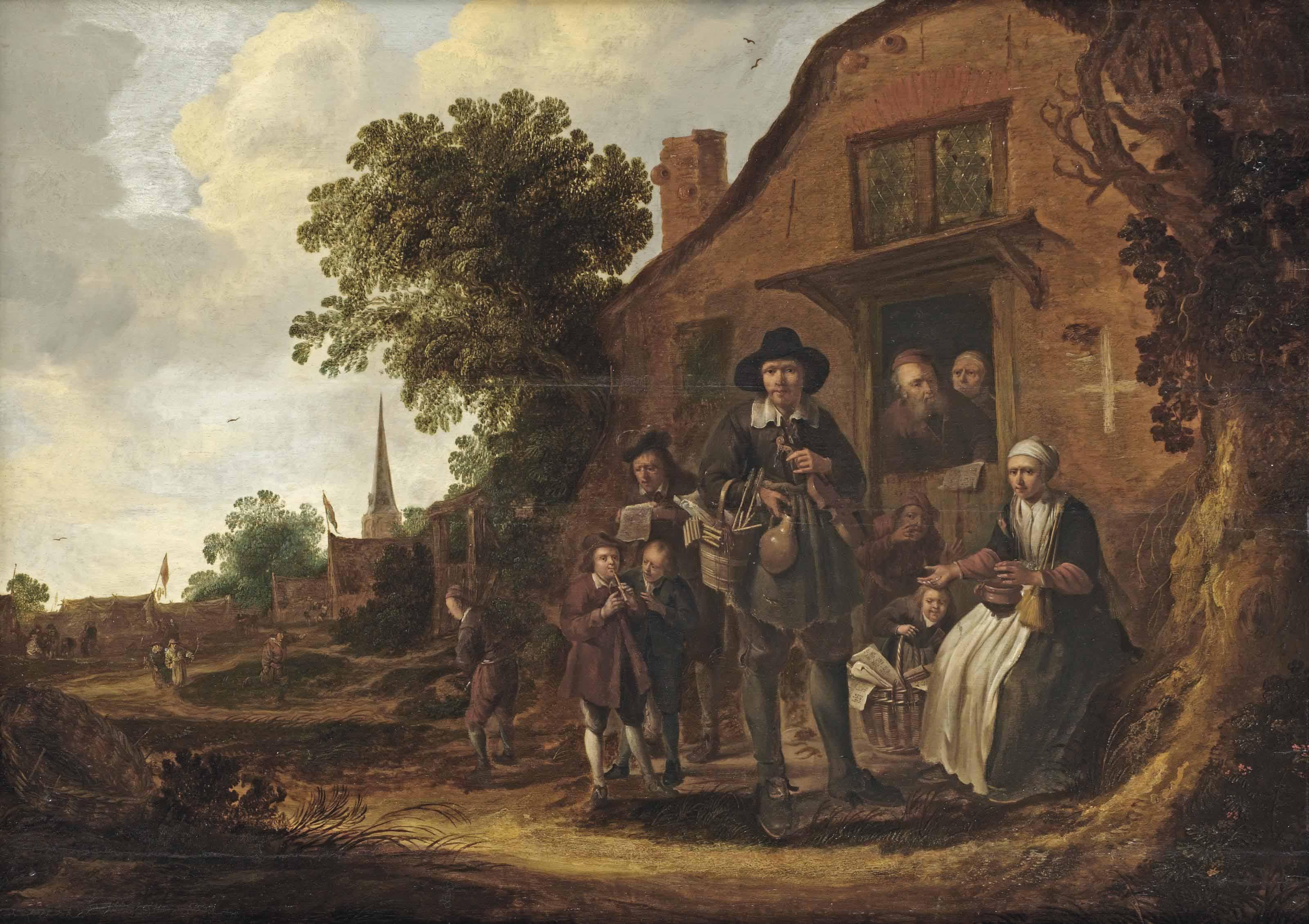 Jacob Van Spreeuwen - A music merchant surrounded by a group of villagers in front of a farm house