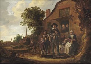Jacob Van Spreeuwen - A music merchant surrounded by a group of villagers in front of a farm house