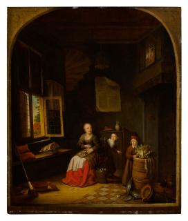 Jacob van Spreeuwen - Interior of a kitchen with a seated woman peeling onions, a child hiding behind her, and a child holding a cabbage on a barrel