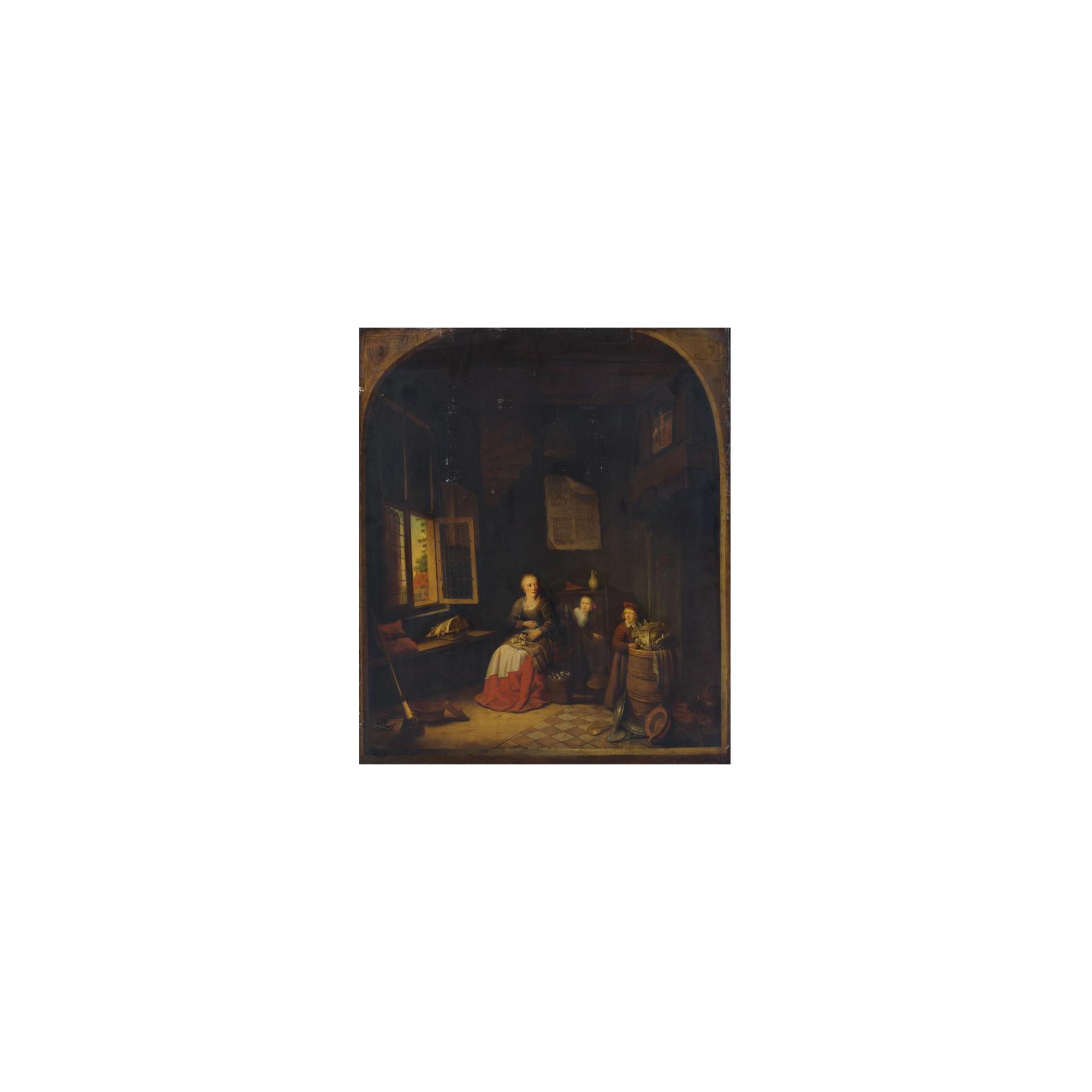 Jacob Van Spreeuwen - Interior  Of A Kitchen With A Seated Woman Peeling Onions, A Child Hiding Behind Her, Another Child Putting A Cabbage On A Barrel