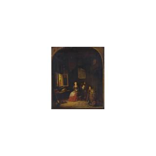 Jacob Van Spreeuwen - Interior  Of A Kitchen With A Seated Woman Peeling Onions, A Child Hiding Behind Her, Another Child Putting A Cabbage On A Barrel