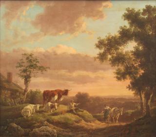 Jacob van Strij - A herdsman resting with his cattle, and a woman travelling with a donkey before a landscape