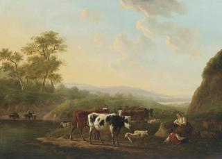 Jacob van Strij - A hilly landscape with a shepherd couple and their cattle on a path