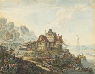 Jacob Van Strij - A Rhine landscape with an inn and peasants at work, after Herman Saftleven