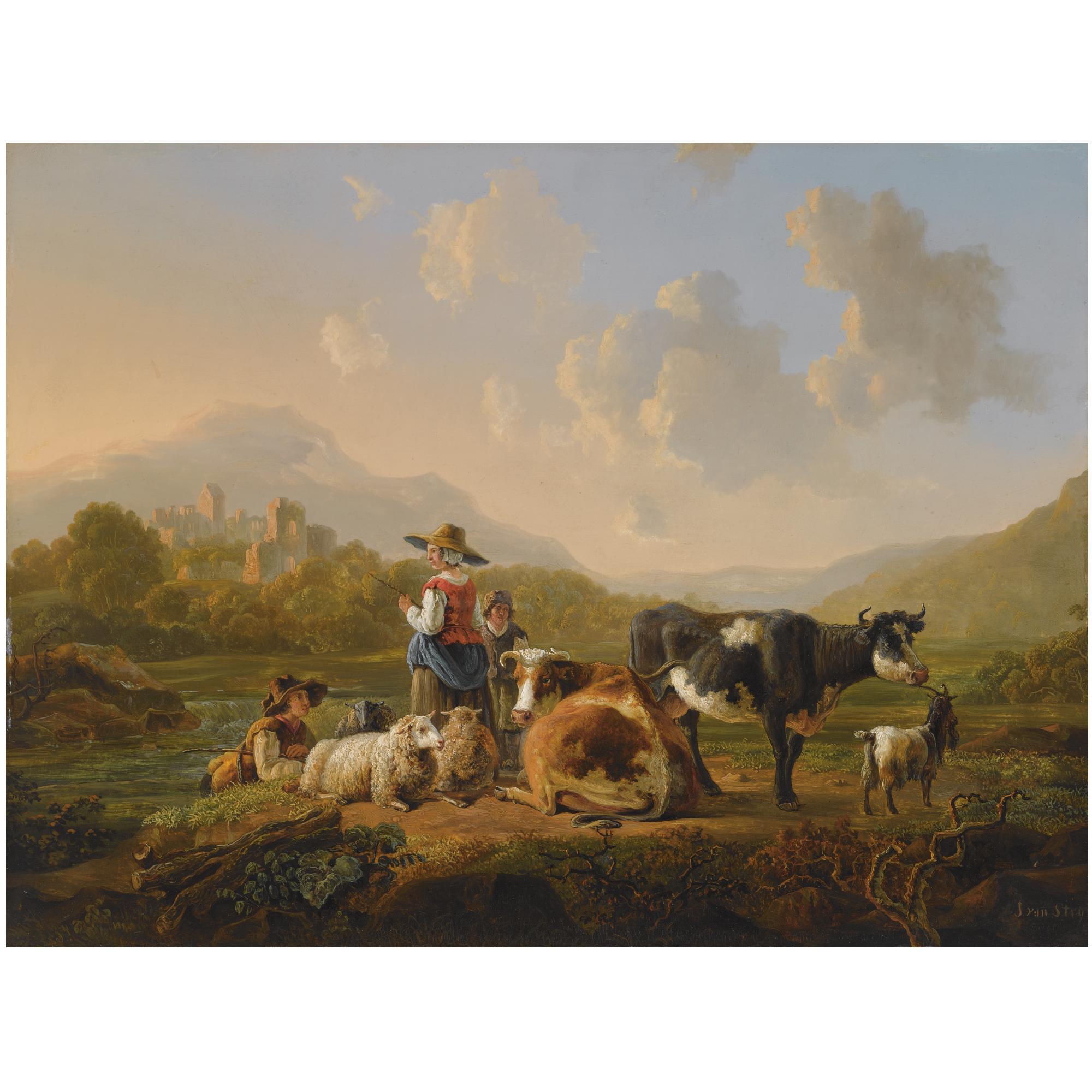 Jacob van Strij - A Southern Hilly Landscape With Shepherds Resting With Their Herd, A View Of Ruins Beyond