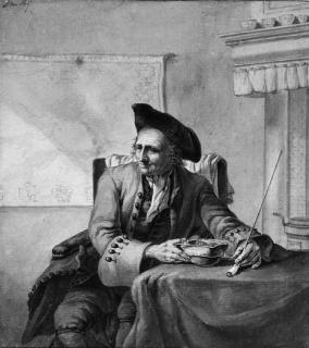 Jacob Van Strij - An elegant man seated at a table in an interior, holding a pipe, a map of the Alblasserwaard and Vijf Heeren Landen on the wall behind him