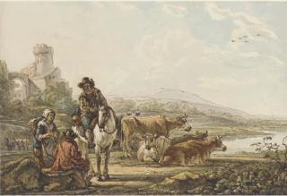 Jacob Van Strij - An extensive river landscape with peasants and cattle
