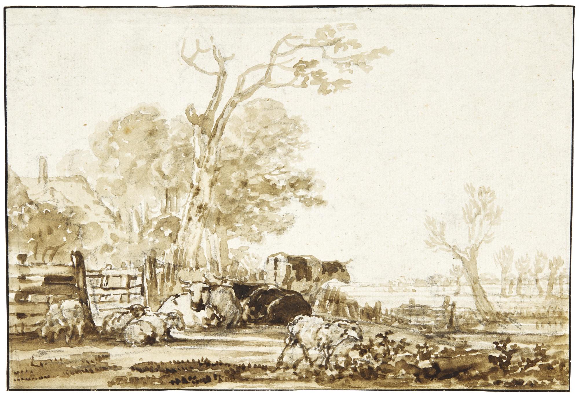 Jacob Van Strij - Cattle And Sheep Grazing In An Enclosure
