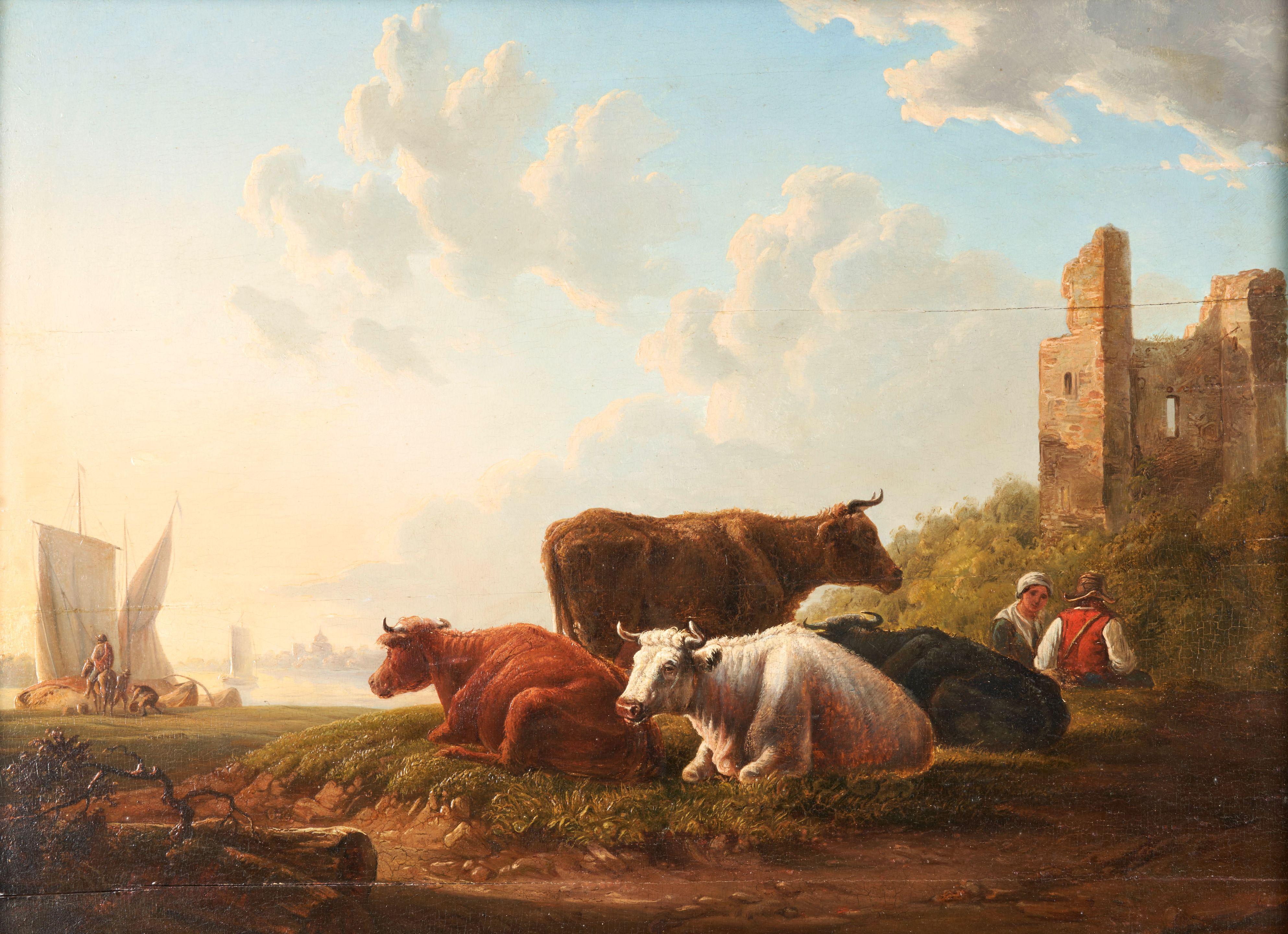 Jacob Van Strij - Cattle on a Riverbank with Ruins and Boats in the Distance