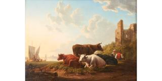 Jacob Van Strij - Cattle on a Riverbank with Ruins and Boats in the Distance