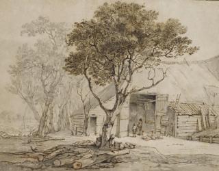 Jacob Van Strij - Deux hommes devant une étable entourée d\'arbres
