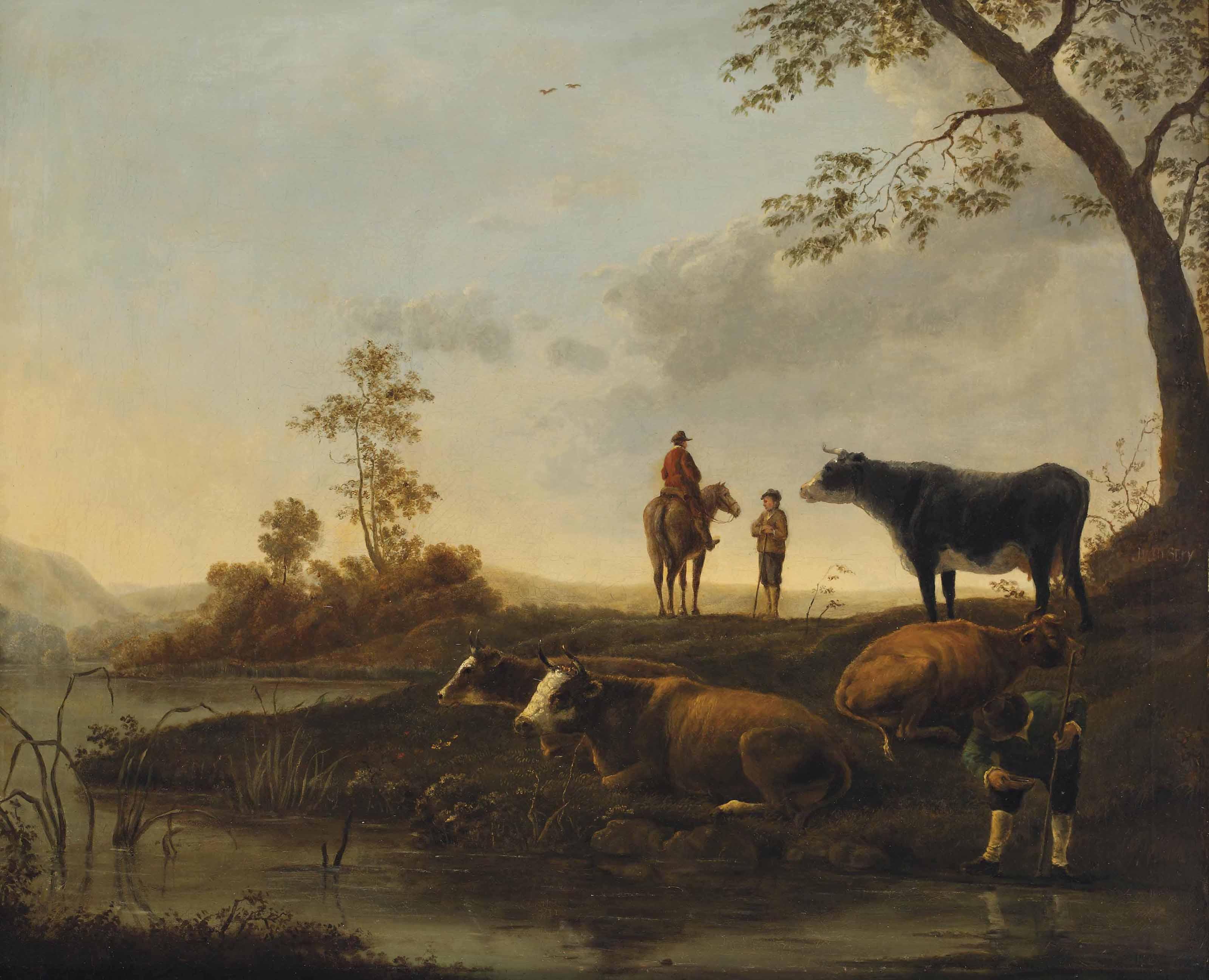 Jacob Van Strij - Herdsmen and their cattle on a river bank