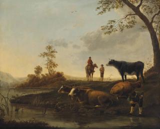 Jacob Van Strij - Herdsmen and their cattle on a river bank
