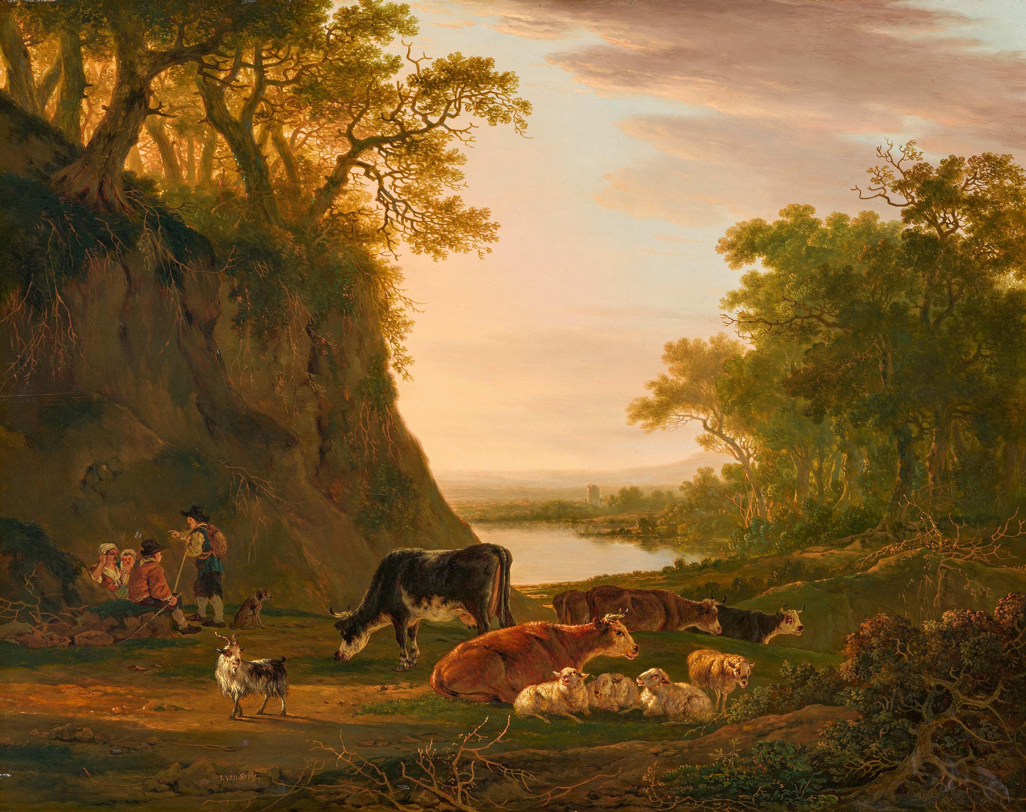 Jacob Van Strij - Hirten mit ihrem Vieh in weiter Abendlandschaft.