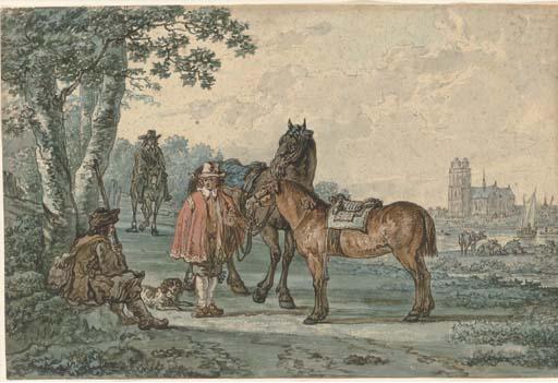 Jacob van Strij - Horsemen on a path with Dordrecht in the distance