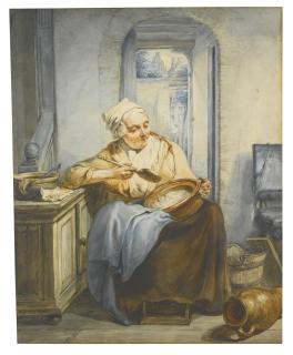 Jacob Van Strij - Interior With An Old Lady Preparing Food