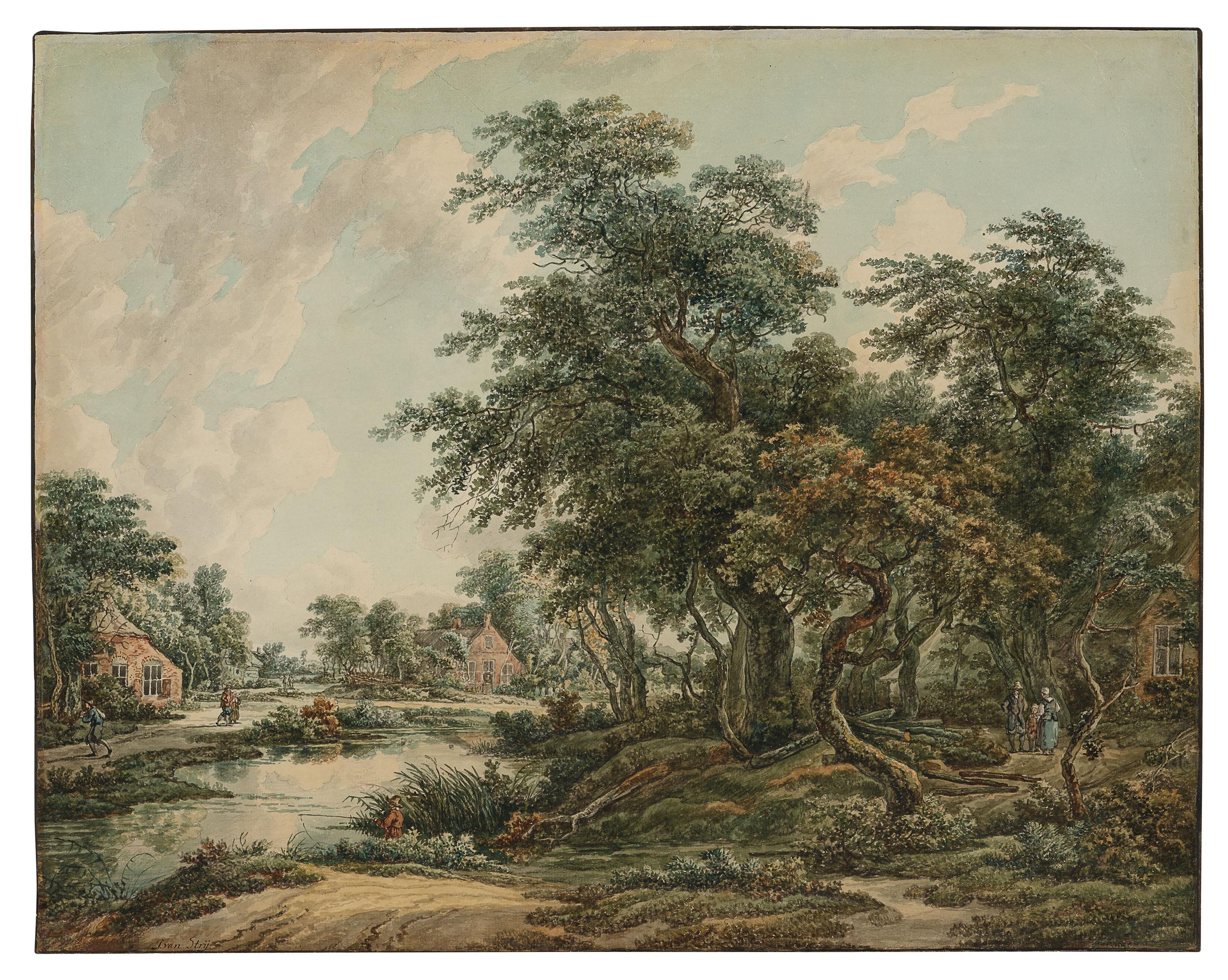 Jacob Van Strij - Paysage Arboré Avec Figures Et Maisons Au Bord Du Rivage