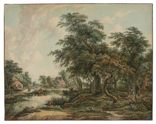 Jacob Van Strij - Paysage Arboré Avec Figures Et Maisons Au Bord Du Rivage