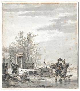 Jacob Van Strij - Winter Landscape With A Peasant Couple And Dog On The Ice To The Right, And A Boy Pulling A Sledge To The Left