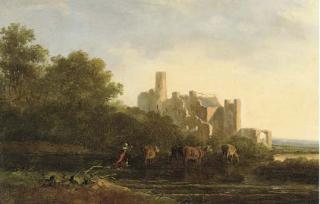 Jacob Van Stry - A drover herding cattle before a ruined castle