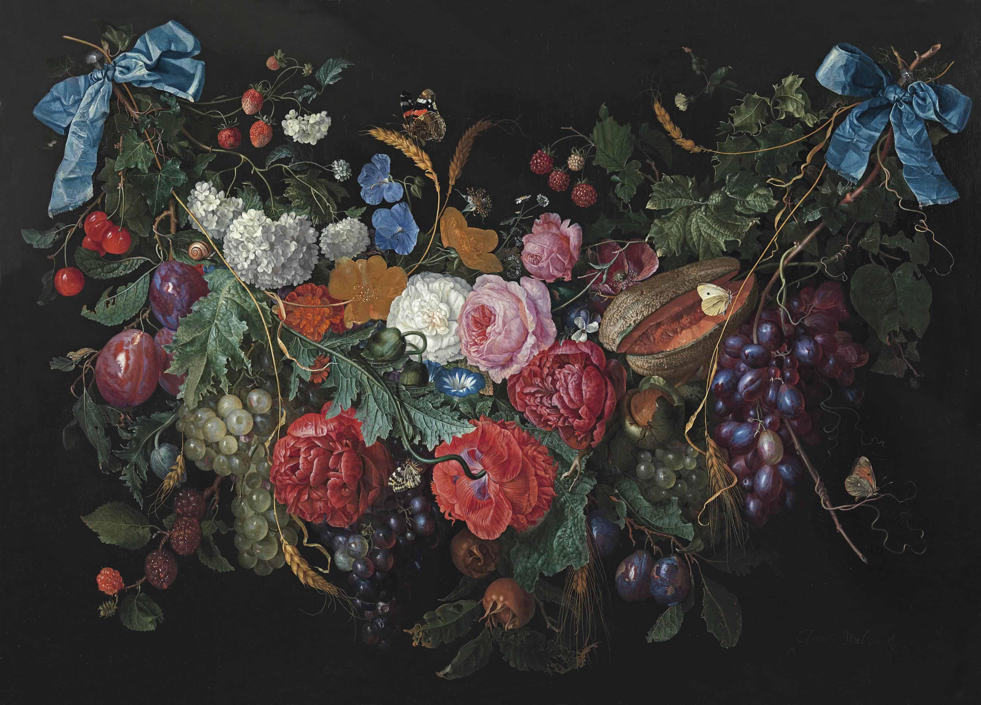 Jacob van Walscapelle - A Garland Of Flowers And Fruit With A Snail And Butterflies