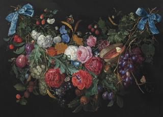 Jacob van Walscapelle - A Garland Of Flowers And Fruit With A Snail And Butterflies