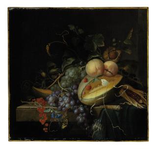 Jacob van Walscapelle - A melon, nuts and corn on a stone ledge with butterflies