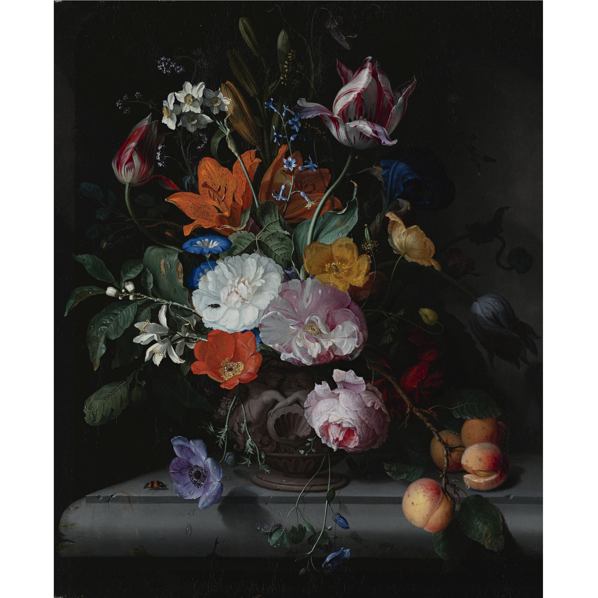 Jacob van Walscapelle - A Still Life Of Flowers And A Branch Of Peaches In A Sculpted Vase, Standing On A Ledge 