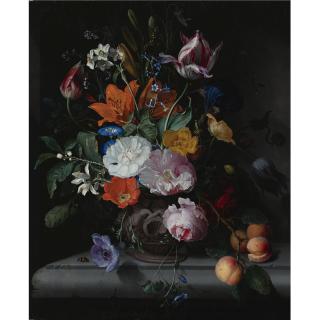 Jacob van Walscapelle - A Still Life Of Flowers And A Branch Of Peaches In A Sculpted Vase, Standing On A Ledge 