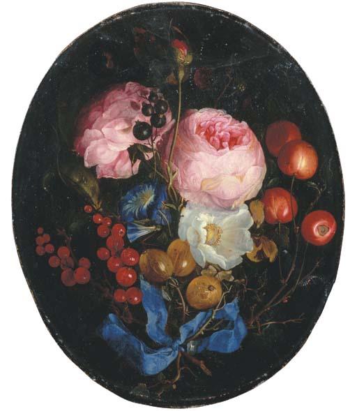 Jacob Van Walscapelle - A Swag Of Pink Roses, Gooseberries, Cherries And Other Berries With A Bow Hanging From A Nail