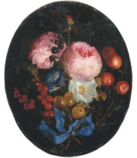 Jacob Van Walscapelle - A Swag Of Pink Roses, Gooseberries, Cherries And Other Berries With A Bow Hanging From A Nail