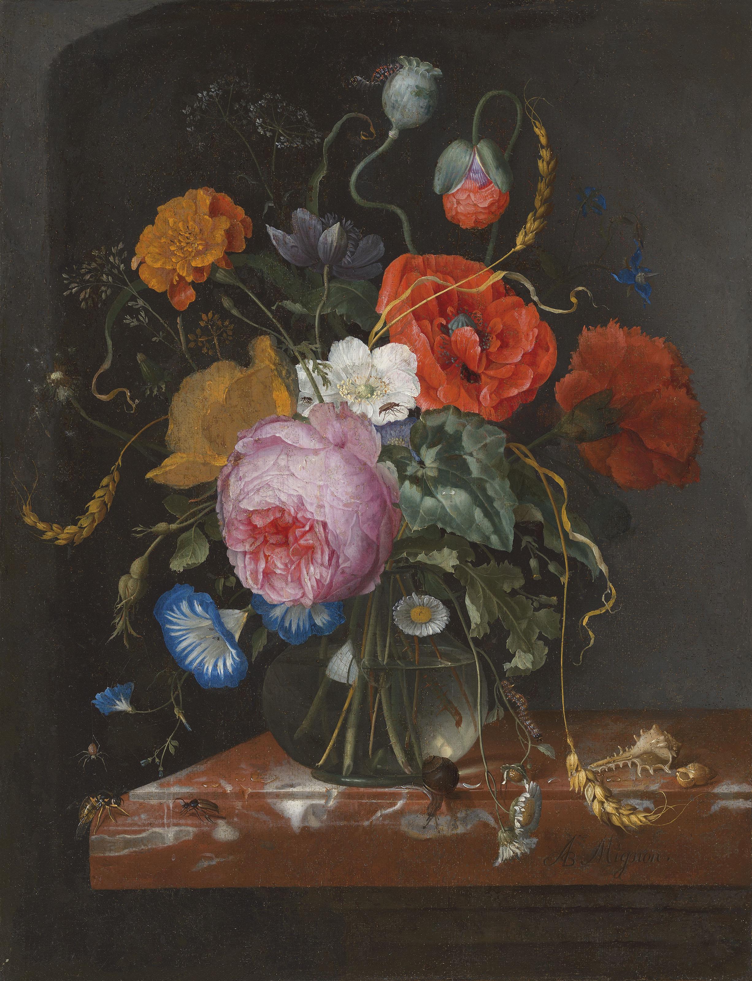 Jacob Van Walscapelle - Flowers in a glass vase on a ledge, with insects amd shells