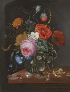 Jacob Van Walscapelle - Flowers in a glass vase on a ledge, with insects amd shells