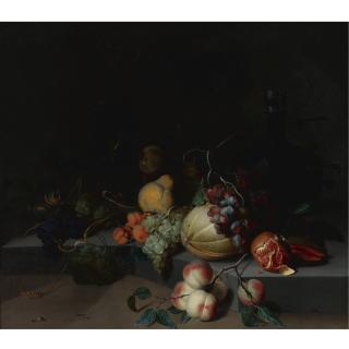 Jacob van Walscapelle - Grapes, Pears, A Melon And A Pomegranate On A Stone Ledge, With A Façon-De-Venise Glass, A Tall Wine Glass, A Glass Bottle With A Silver Top And Peaches On A Branch