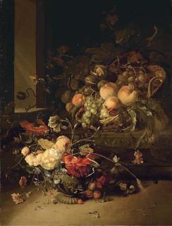 Jacob van Walscapelle - Peaches, grapes, walnuts and wild blackberrries in a basket on a stone plinth and roses, morning glory and carnations in a stone urn, by a window, with a butterfly