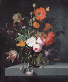 Jacob van Walscapelle - Roses, camomile, poppies, a tulip, carnations, amaryllis, a marigold, Morning Glory and an ear of corn with a beetle and an orange tip butterfly in a glass vase with a snail on a ledge