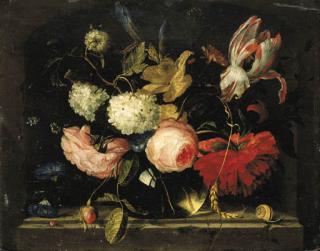 Jacob Van Walscapelle - Roses, Irises, Carnations, Daffodils, Parrot Tulips And Other Flowers In A Glass Vase, A Ladybird And A Snail On A Stone Plinth