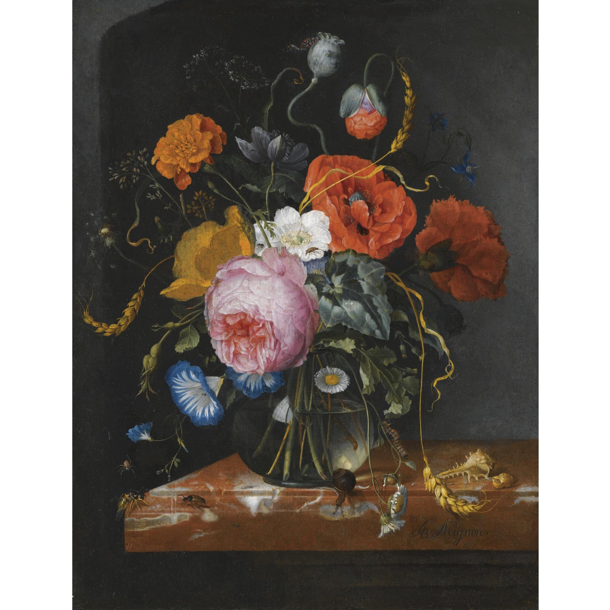 Jacob Van Walscapelle - Still Life With Flowers In A Glass Vase On A Marble Ledge, Along With Ears Of Corn, Shells, A Snail, A Wasp And Other Insects