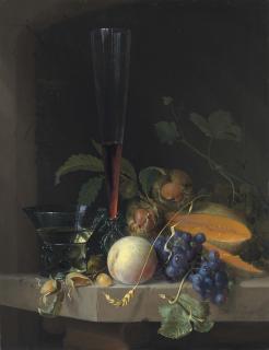 Jacob Van Walscappelle - Grapes, chestnuts and a cantaloupe with a roemer and a façon de Venise wine glass on a stone ledge