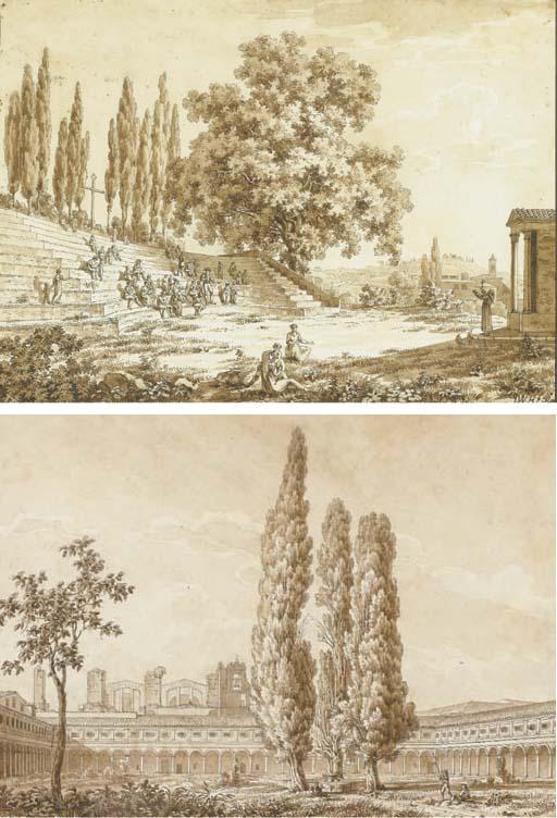 Jacob Wilhelm Huber - Un Moine Prêchant Devant Une Arène À Rome; Et Vue du Cloître de la Chartreuse de Rome