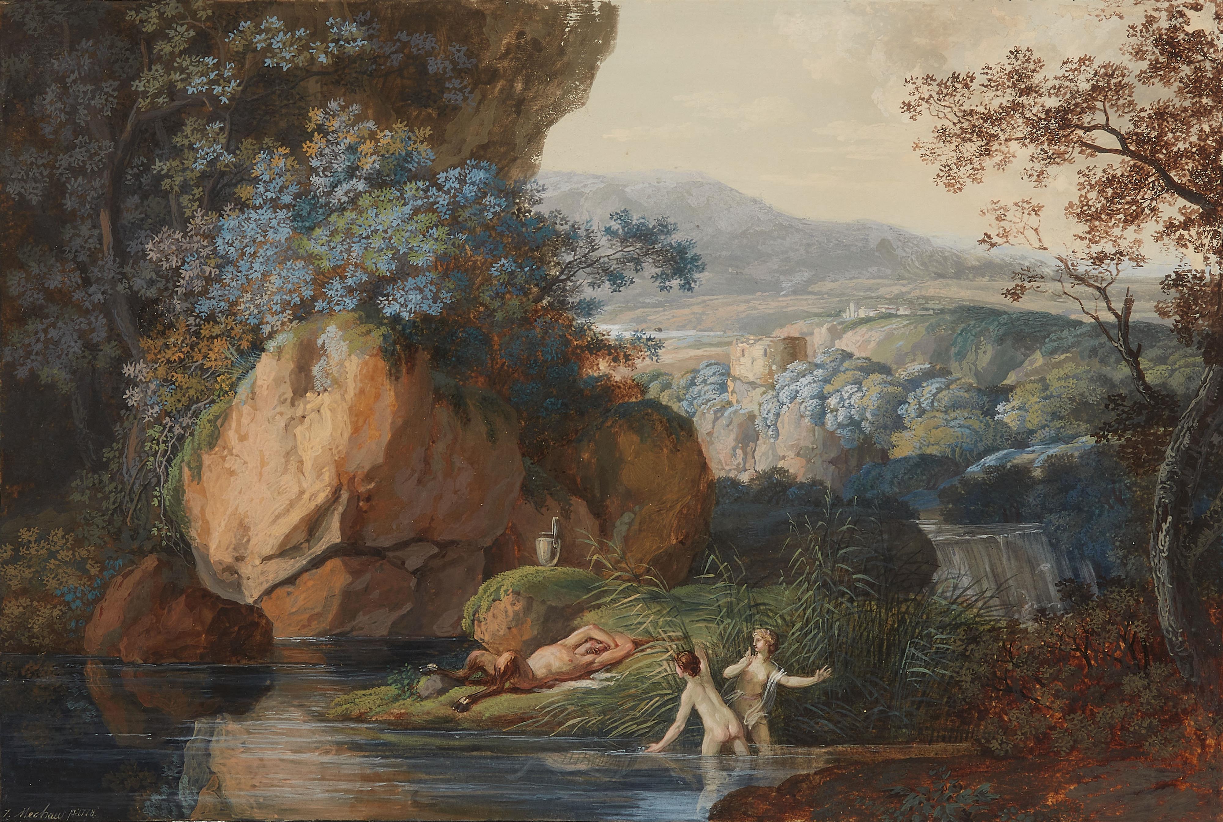 Jacob Wilhelm Mechau - Südliche Landschaft mit schlafendem Faun und zwei Badenden